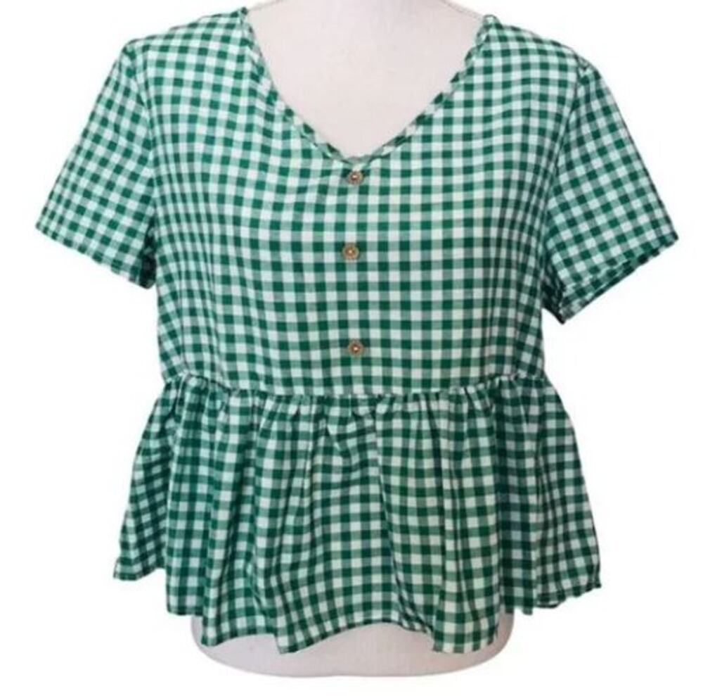 Shein Green White Plaid Ruffle Top Large